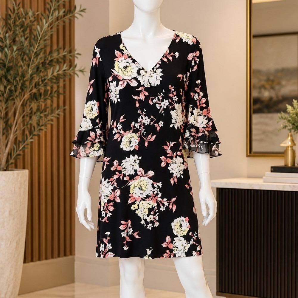 Roz & Ali Womens Dress Black Floral Tiered Bell Sleeve Shift Size Medium